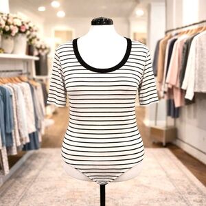 White Birch Striped Ribbed Bodysuit Scoop Neck Short Sleeve Stretch 2X 3X NWOT